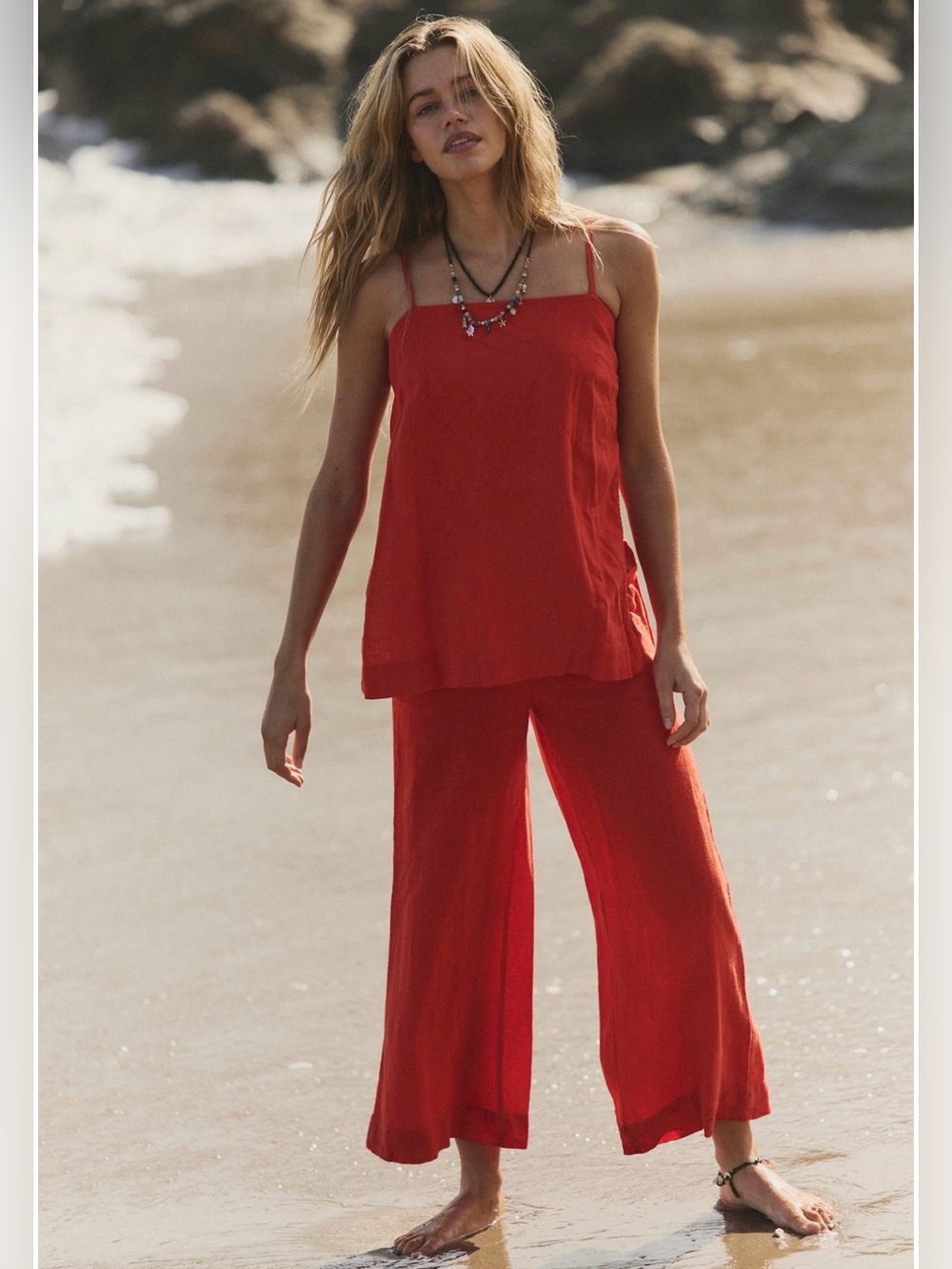 Free People Orange Sightseer Wide-Leg Linen-Blend Set